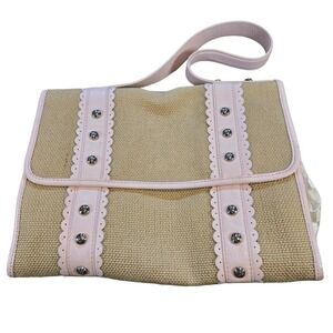 Kate Landry Shoulder Bag Womens Medium Tan Pink Canvas Leather Lace Studded Flap